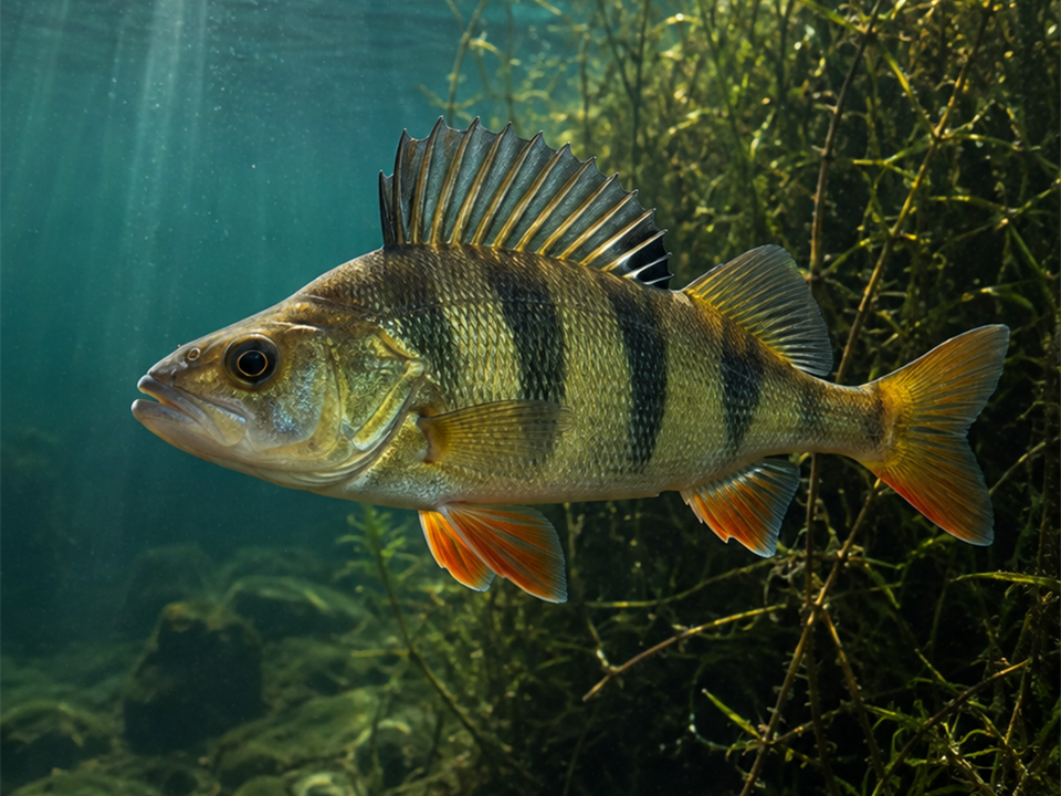 European perch with dark bars and orange fins in freshwater vegetation