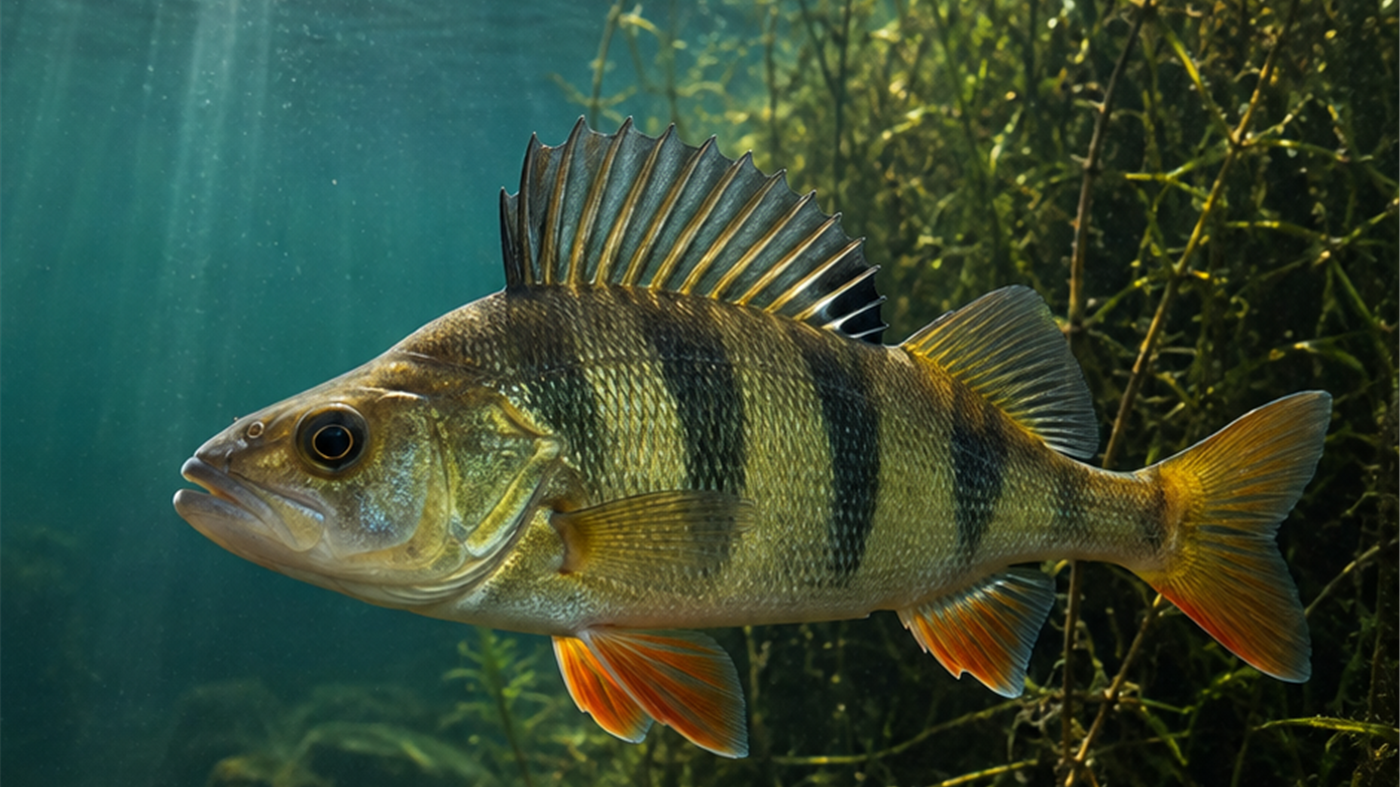 European perch underwater among vegetation, used as FieldCurrent's first visual pilot motif